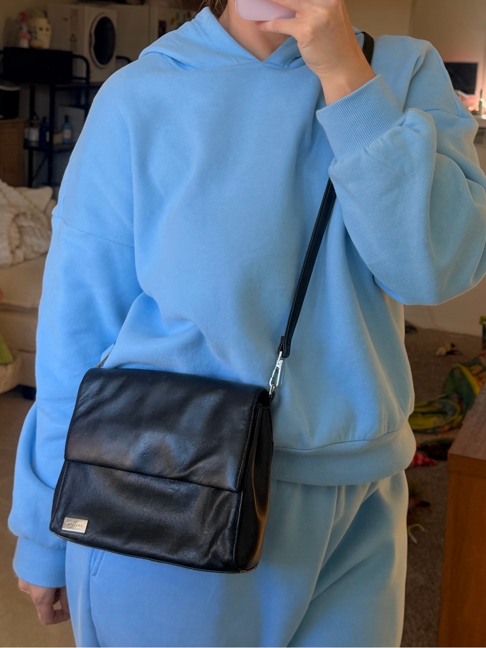 Coletta Black Genuine Leather Flap Crossbody Shoulder Bag 90s Minimalist